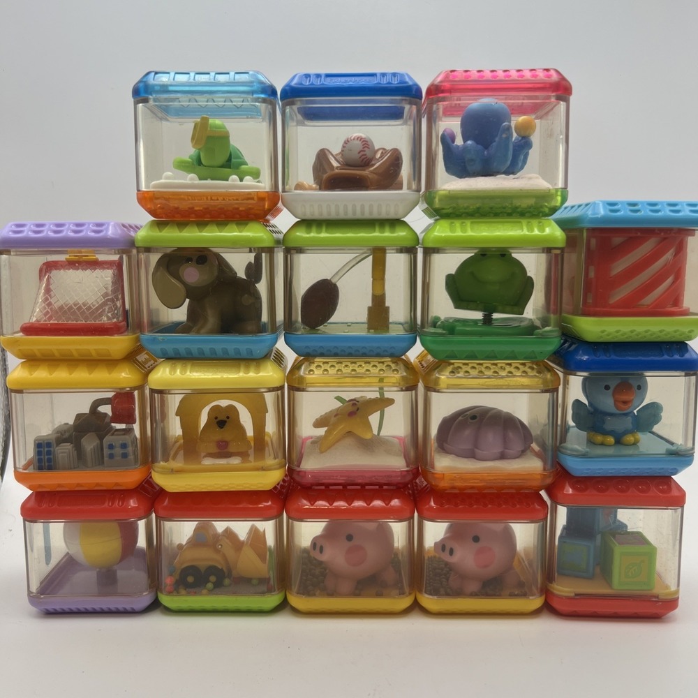 Lot of 18 Fisher Price Peek-A-Blocks Vintage Sensory Toy Stacking Animals Sports